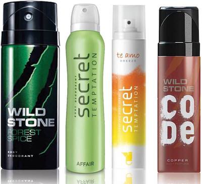 

Wild Stone Forest Spice Deodorant (150 ml), Code Copper Perfume(120 ml) and ST Affair Deodorant (150 ml), Te Amo Breeze Body Perfume (120 ml), Pack of 4 Perfume Body Spray - For Men & Women(540 ml, Pack of 4)