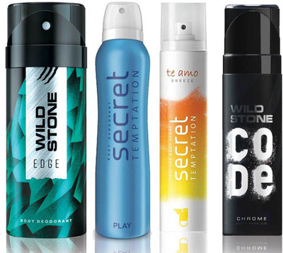 

Wild Stone Edge Deodorant (150 ml), Code Chrome Body Perfume(120 ml) and ST Play Deodorant (150 ml), Te Amo Breeze Body Perfume (120 ml), Pack of 4 Perfume Body Spray - For Men & Women(540 ml, Pack of 4)