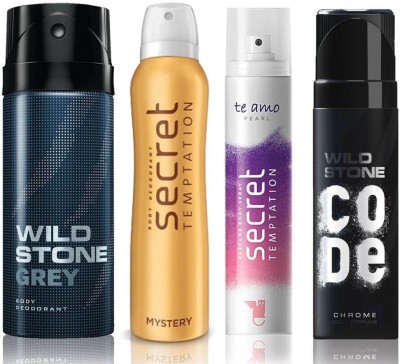 

Wild Stone Grey Deodorant (150 ml), Code Chrome Body Perfume(120 ml) and ST Mystery Deodorant (150 ml), Te Amo Pearl Body Perfume (120 ml), Pack of 4 Perfume Body Spray - For Men & Women(540 ml, Pack of 4)