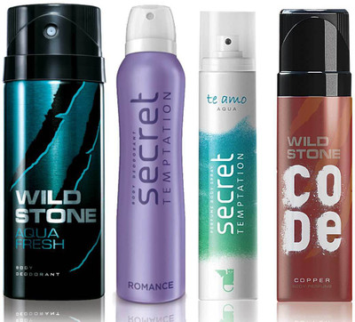 

Wild Stone Aqua Fresh Deodorant (150 ml), Code Copper Perfume(120 ml) and ST Romance Deodorant (150 ml), Te Amo Aqua Body Perfume (120 ml), Pack of 4 Perfume Body Spray - For Men & Women(540 ml, Pack of 4)