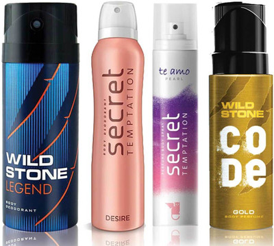 

Wild Stone Legend Deodorant (150 ml), Code Gold Body Perfume(120 ml) and ST Desire Deodorant (150 ml), Te Amo Pearl Body Perfume (120 ml), Pack of 4 Perfume Body Spray - For Men & Women(540 ml, Pack of 4)