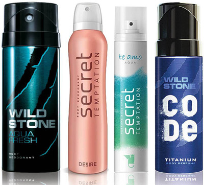 

Wild Stone Aqua Fresh Deodorant (150 ml), Code Titanium Body Perfume(120 ml) and ST Desire Deodorant (150 ml), Te Amo Aqua Body Perfume (120 ml), Pack of 4 Perfume Body Spray - For Men & Women(540 ml, Pack of 4)