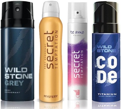 

Wild Stone Grey Deodorant (150 ml), Code Titanium Body Perfume(120 ml) and ST Mystery Deodorant (150 ml), Te Amo Pearl Body Perfume (120 ml), Pack of 4 Perfume Body Spray - For Men & Women(540 ml, Pack of 4)