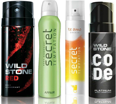 

Wild Stone Red Deodorant (150 ml), Code Platinum Body Perfume(120 ml) and ST Affair Deodorant (150 ml), Te Amo Breeze Body Perfume (120 ml), Pack of 4 Perfume Body Spray - For Men & Women(540 ml, Pack of 4)