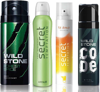 

Wild Stone Forest Spice Deodorant (150 ml), Code Steel Body Perfume(120 ml) and ST Affair Deodorant (150 ml), Te Amo Breeze Body Perfume (120 ml), Pack of 4 Perfume Body Spray - For Men & Women(540 ml, Pack of 4)
