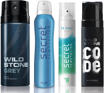 

Wild Stone Grey Deodorant (150 ml), Code Chrome Body Perfume(120 ml) and ST Play Deodorant (150 ml), Te Amo Aqua Body Perfume (120 ml), Pack of 4 Perfume Body Spray - For Men & Women(540 ml, Pack of 4)