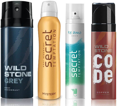 

Wild Stone Grey Deodorant (150 ml), Code Copper Perfume(120 ml) and ST Mystery Deodorant (150 ml), Te Amo Aqua Body Perfume (120 ml), Pack of 4 Perfume Body Spray - For Men & Women(540 ml, Pack of 4)