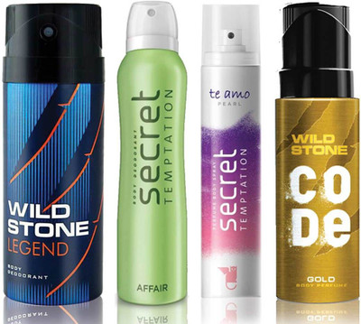 

Wild Stone Legend Deodorant (150 ml), Code Gold Body Perfume(120 ml) and ST Affair Deodorant (150 ml), Te Amo Pearl Body Perfume (120 ml), Pack of 4 Perfume Body Spray - For Men & Women(540 ml, Pack of 4)