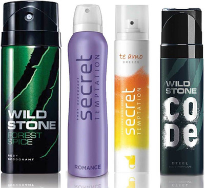 

Wild Stone Forest Spice Deodorant (150 ml), Code Steel Body Perfume(120 ml) and ST Romance Deodorant (150 ml), Te Amo Breeze Body Perfume (120 ml), Pack of 4 Perfume Body Spray - For Men & Women(540 ml, Pack of 4)
