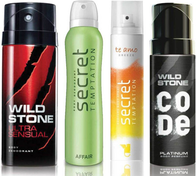 

Wild Stone Ultra Sensual Deodorant (150 ml), Code Platinum Body Perfume(120 ml) and ST Affair Deodorant (150 ml), Te Amo Breeze Body Perfume (120 ml), Pack of 4 Perfume Body Spray - For Men & Women(540 ml, Pack of 4)