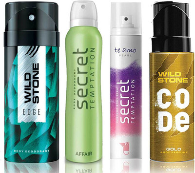 

Wild Stone Edge Deodorant (150 ml), Code Gold Body Perfume(120 ml) and ST Affair Deodorant (150 ml), Te Amo Pearl Body Perfume (120 ml), Pack of 4 Perfume Body Spray - For Men & Women(540 ml, Pack of 4)