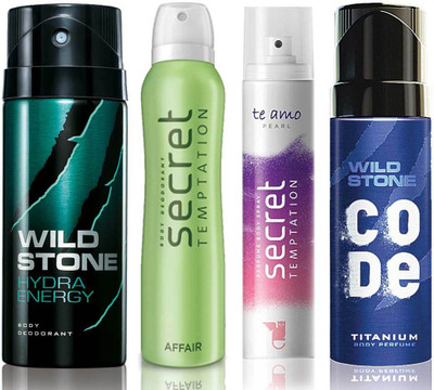

Wild Stone Hydra Energy Deodorant (150 ml), Code Titanium Body Perfume(120 ml) and ST Affair Deodorant (150 ml), Te Amo Pearl Body Perfume (120 ml), Pack of 4 Perfume Body Spray - For Men & Women(540 ml, Pack of 4)