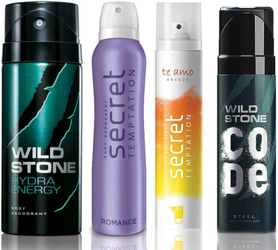 

Wild Stone Hydra Energy Deodorant (150 ml), Code Steel Body Perfume(120 ml) and ST Romance Deodorant (150 ml), Te Amo Breeze Body Perfume (120 ml), Pack of 4 Perfume Body Spray - For Men & Women(540 ml, Pack of 4)