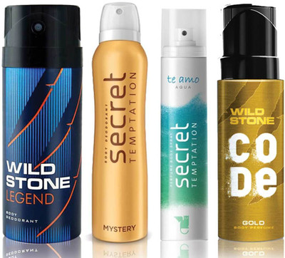 

Wild Stone Legend Deodorant (150 ml), Code Gold Body Perfume(120 ml) and ST Mystery Deodorant (150 ml), Te Amo Aqua Body Perfume (120 ml), Pack of 4 Perfume Body Spray - For Men & Women(540 ml, Pack of 4)