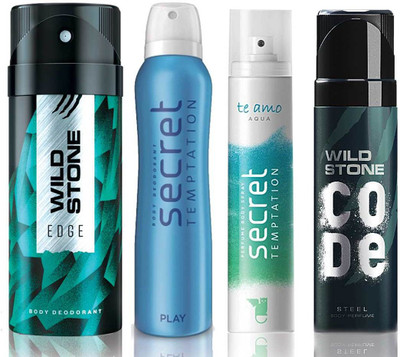 

Wild Stone Edge Deodorant (150 ml), Code Steel Body Perfume(120 ml) and ST Play Deodorant (150 ml), Te Amo Aqua Body Perfume (120 ml), Pack of 4 Perfume Body Spray - For Men & Women(540 ml, Pack of 4)