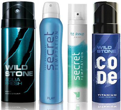 

Wild Stone Aqua Fresh Deodorant (150 ml), Code Titanium Body Perfume(120 ml) and ST Play Deodorant (150 ml), Te Amo Aqua Body Perfume (120 ml), Pack of 4 Perfume Body Spray - For Men & Women(540 ml, Pack of 4)