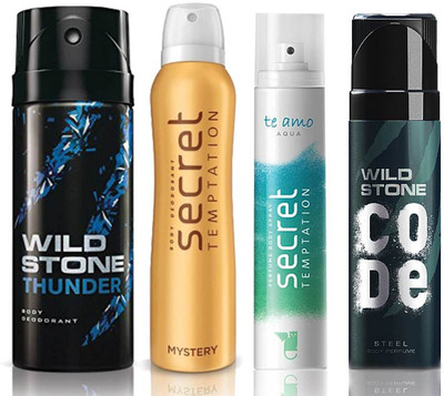 

Wild Stone Thunder Deodorant (150 ml), Code Steel Body Perfume(120 ml) and ST Mystery Deodorant (150 ml), Te Amo Aqua Body Perfume (120 ml), Pack of 4 Perfume Body Spray - For Men & Women(540 ml, Pack of 4)