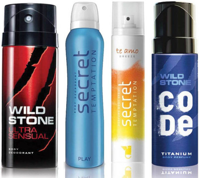 

Wild Stone Ultra Sensual Deodorant (150 ml), Code Titanium Body Perfume(120 ml) and ST Play Deodorant (150 ml), Te Amo Breeze Body Perfume (120 ml), Pack of 4 Perfume Body Spray - For Men & Women(540 ml, Pack of 4)