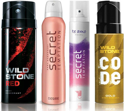 

Wild Stone Red Deodorant (150 ml), Code Gold Body Perfume(120 ml) and ST Desire Deodorant (150 ml), Te Amo Pearl Body Perfume (120 ml), Pack of 4 Perfume Body Spray - For Men & Women(540 ml, Pack of 4)