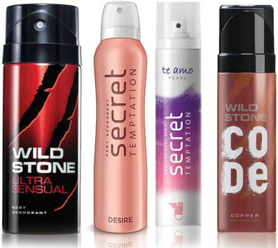 

Wild Stone Ultra Sensual Deodorant (150 ml), Code Copper Perfume(120 ml) and ST Desire Deodorant (150 ml), Te Amo Pearl Body Perfume (120 ml), Pack of 4 Perfume Body Spray - For Men & Women(540 ml, Pack of 4)