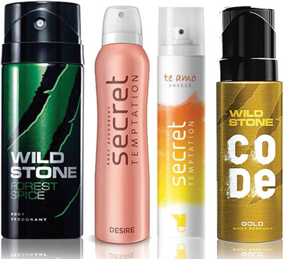 

Wild Stone Forest Spice Deodorant (150 ml), Code Gold Body Perfume(120 ml) and ST Desire Deodorant (150 ml), Te Amo Breeze Body Perfume (120 ml), Pack of 4 Perfume Body Spray - For Men & Women(540 ml, Pack of 4)