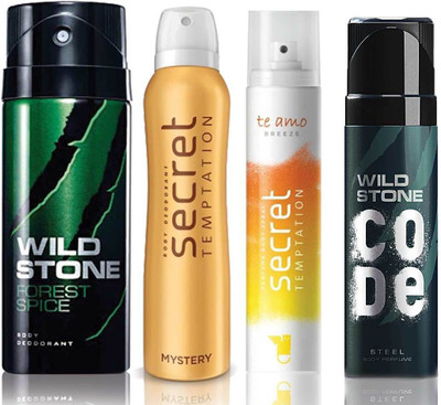 

Wild Stone Forest Spice Deodorant (150 ml), Code Steel Body Perfume(120 ml) and ST Mystery Deodorant (150 ml), Te Amo Breeze Body Perfume (120 ml), Pack of 4 Perfume Body Spray - For Men & Women(540 ml, Pack of 4)