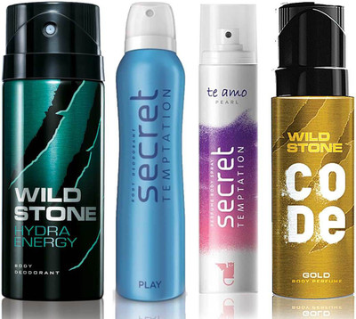

Wild Stone Hydra Energy Deodorant (150 ml), Code Gold Body Perfume(120 ml) and ST Play Deodorant (150 ml), Te Amo Pearl Body Perfume (120 ml), Pack of 4 Perfume Body Spray - For Men & Women(540 ml, Pack of 4)