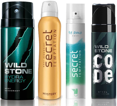 

Wild Stone Hydra Energy Deodorant (150 ml), Code Steel Body Perfume(120 ml) and ST Mystery Deodorant (150 ml), Te Amo Aqua Body Perfume (120 ml), Pack of 4 Perfume Body Spray - For Men & Women(540 ml, Pack of 4)