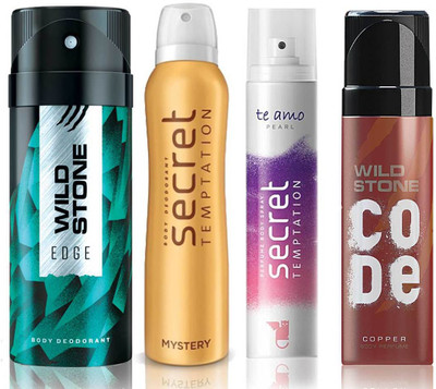 

Wild Stone Edge Deodorant (150 ml), Code Copper Perfume(120 ml) and ST Mystery Deodorant (150 ml), Te Amo Pearl Body Perfume (120 ml), Pack of 4 Perfume Body Spray - For Men & Women(540 ml, Pack of 4)