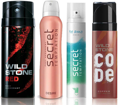 

Wild Stone Red Deodorant (150 ml), Code Copper Perfume(120 ml) and ST Desire Deodorant (150 ml), Te Amo Aqua Body Perfume (120 ml), Pack of 4 Perfume Body Spray - For Men & Women(540 ml, Pack of 4)