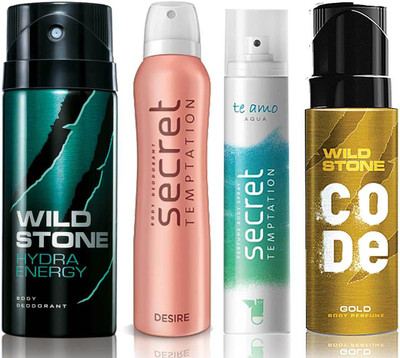 

Wild Stone Hydra Energy Deodorant (150 ml), Code Gold Body Perfume(120 ml) and ST Desire Deodorant (150 ml), Te Amo Aqua Body Perfume (120 ml), Pack of 4 Perfume Body Spray - For Men & Women(540 ml, Pack of 4)