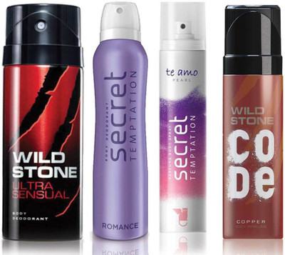 

Wild Stone Ultra Sensual Deodorant (150 ml), Code Copper Perfume(120 ml) and ST Romance Deodorant (150 ml), Te Amo Pearl Body Perfume (120 ml), Pack of 4 Perfume Body Spray - For Men & Women(540 ml, Pack of 4)