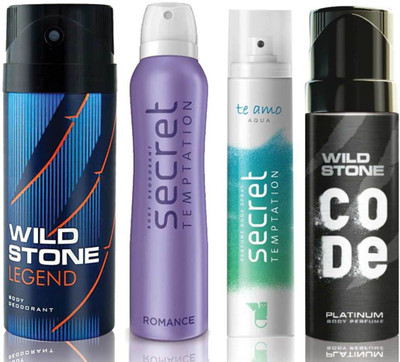 

Wild Stone Legend Deodorant (150 ml), Code Platinum Body Perfume(120 ml) and ST Romance Deodorant (150 ml), Te Amo Aqua Body Perfume (120 ml), Pack of 4 Perfume Body Spray - For Men & Women(540 ml, Pack of 4)
