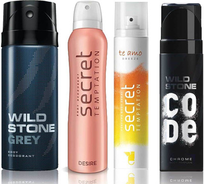 

Wild Stone Grey Deodorant (150 ml), Code Chrome Body Perfume(120 ml) and ST Desire Deodorant (150 ml), Te Amo Breeze Body Perfume (120 ml), Pack of 4 Perfume Body Spray - For Men & Women(540 ml, Pack of 4)