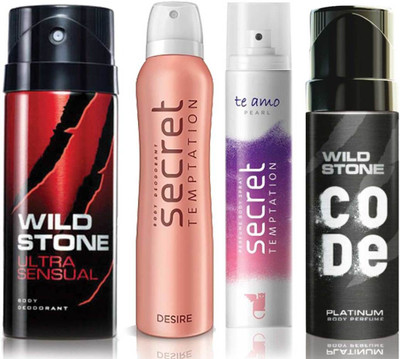

Wild Stone Ultra Sensual Deodorant (150 ml), Code Platinum Body Perfume(120 ml) and ST Desire Deodorant (150 ml), Te Amo Pearl Body Perfume (120 ml), Pack of 4 Perfume Body Spray - For Men & Women(540 ml, Pack of 4)