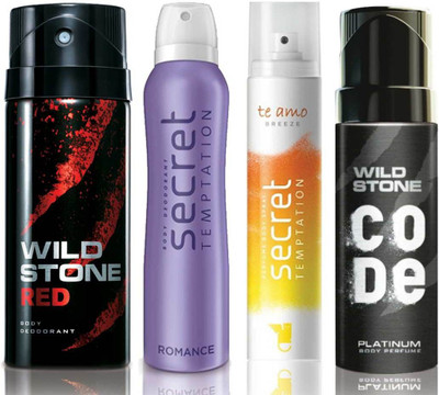 

Wild Stone Red Deodorant (150 ml), Code Platinum Body Perfume(120 ml) and ST Romance Deodorant (150 ml), Te Amo Breeze Body Perfume (120 ml), Pack of 4 Perfume Body Spray - For Men & Women(540 ml, Pack of 4)