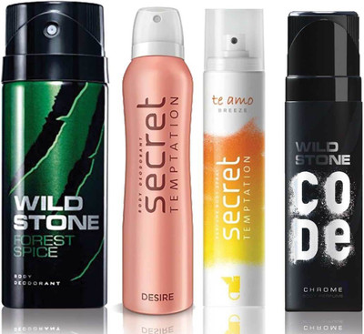 

Wild Stone Forest Spice Deodorant (150 ml), Code Chrome Body Perfume(120 ml) and ST Desire Deodorant (150 ml), Te Amo Breeze Body Perfume (120 ml), Pack of 4 Perfume Body Spray - For Men & Women(540 ml, Pack of 4)