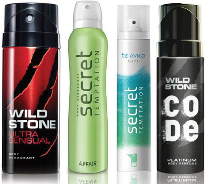 

Wild Stone Ultra Sensual Deodorant (150 ml), Code Platinum Body Perfume(120 ml) and ST Affair Deodorant (150 ml), Te Amo Aqua Body Perfume (120 ml), Pack of 4 Perfume Body Spray - For Men & Women(540 ml, Pack of 4)