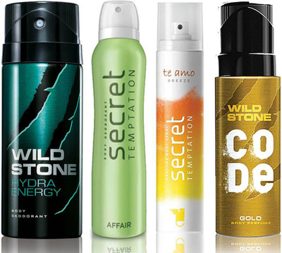 

Wild Stone Hydra Energy Deodorant (150 ml), Code Gold Body Perfume(120 ml) and ST Affair Deodorant (150 ml), Te Amo Breeze Body Perfume (120 ml), Pack of 4 Perfume Body Spray - For Men & Women(540 ml, Pack of 4)