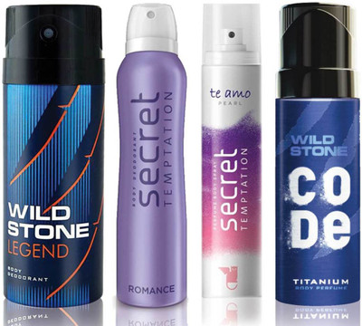 

Wild Stone Legend Deodorant (150 ml), Code Titanium Body Perfume(120 ml) and ST Romance Deodorant (150 ml), Te Amo Pearl Body Perfume (120 ml), Pack of 4 Perfume Body Spray - For Men & Women(540 ml, Pack of 4)
