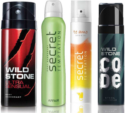

Wild Stone Ultra Sensual Deodorant (150 ml), Code Steel Body Perfume(120 ml) and ST Affair Deodorant (150 ml), Te Amo Breeze Body Perfume (120 ml), Pack of 4 Perfume Body Spray - For Men & Women(540 ml, Pack of 4)