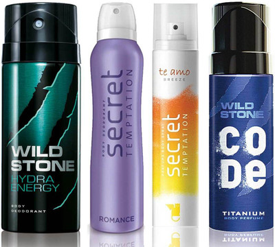 

Wild Stone Hydra Energy Deodorant (150 ml), Code Titanium Body Perfume(120 ml) and ST Romance Deodorant (150 ml), Te Amo Breeze Body Perfume (120 ml), Pack of 4 Perfume Body Spray - For Men & Women(540 ml, Pack of 4)