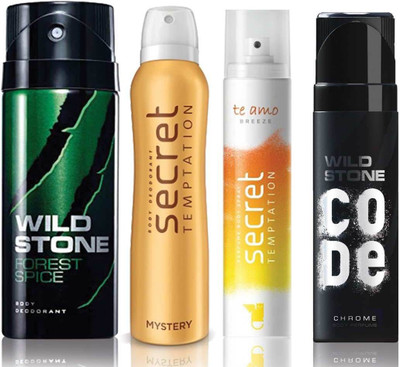 

Wild Stone Forest Spice Deodorant (150 ml), Code Chrome Body Perfume(120 ml) and ST Mystery Deodorant (150 ml), Te Amo Breeze Body Perfume (120 ml), Pack of 4 Perfume Body Spray - For Men & Women(540 ml, Pack of 4)