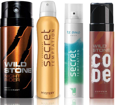 

Wild Stone Night Rider Deodorant (150 ml), Code Copper Perfume(120 ml) and ST Mystery Deodorant (150 ml), Te Amo Aqua Body Perfume (120 ml), Pack of 4 Perfume Body Spray - For Men & Women(540 ml, Pack of 4)