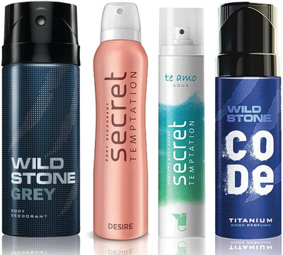 

Wild Stone Grey Deodorant (150 ml), Code Titanium Body Perfume(120 ml) and ST Desire Deodorant (150 ml), Te Amo Aqua Body Perfume (120 ml), Pack of 4 Perfume Body Spray - For Men & Women(540 ml, Pack of 4)