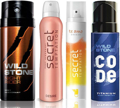 Wild Stone Night Rider Deodorant (150 ml), Code Titanium Body Perfume(120 ml) and ST Desire Deodorant (150 ml), Te Amo Breeze Body Perfume (120 ml), Pack of 4 Perfume Body Spray - For Men & Women(540 ml, Pack of 4)