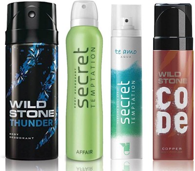 

Wild Stone Thunder Deodorant (150 ml), Code Copper Perfume(120 ml) and ST Affair Deodorant (150 ml), Te Amo Aqua Body Perfume (120 ml), Pack of 4 Perfume Body Spray - For Men & Women(540 ml, Pack of 4)