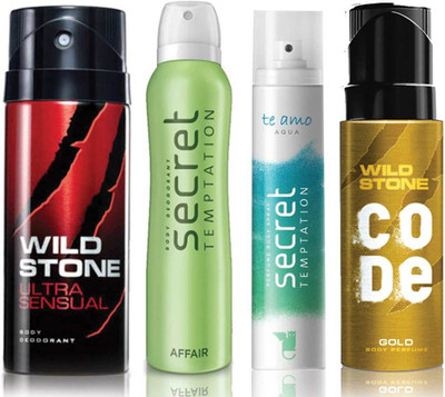 

Wild Stone Ultra Sensual Deodorant (150 ml), Code Gold Body Perfume(120 ml) and ST Affair Deodorant (150 ml), Te Amo Aqua Body Perfume (120 ml), Pack of 4 Perfume Body Spray - For Men & Women(540 ml, Pack of 4)
