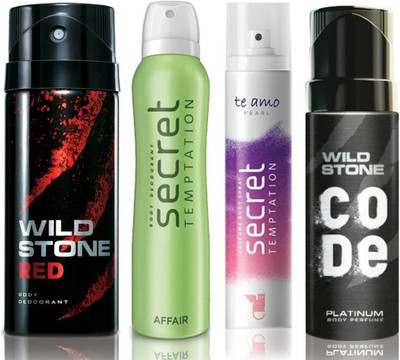 

Wild Stone Red Deodorant (150 ml), Code Platinum Body Perfume(120 ml) and ST Affair Deodorant (150 ml), Te Amo Pearl Body Perfume (120 ml), Pack of 4 Perfume Body Spray - For Men & Women(540 ml, Pack of 4)
