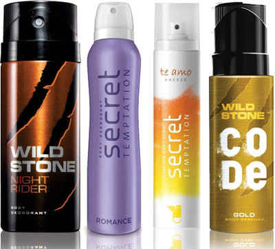 

Wild Stone Night Rider Deodorant (150 ml), Code Gold Body Perfume(120 ml) and ST Romance Deodorant (150 ml), Te Amo Breeze Body Perfume (120 ml), Pack of 4 Perfume Body Spray - For Men & Women(540 ml, Pack of 4)